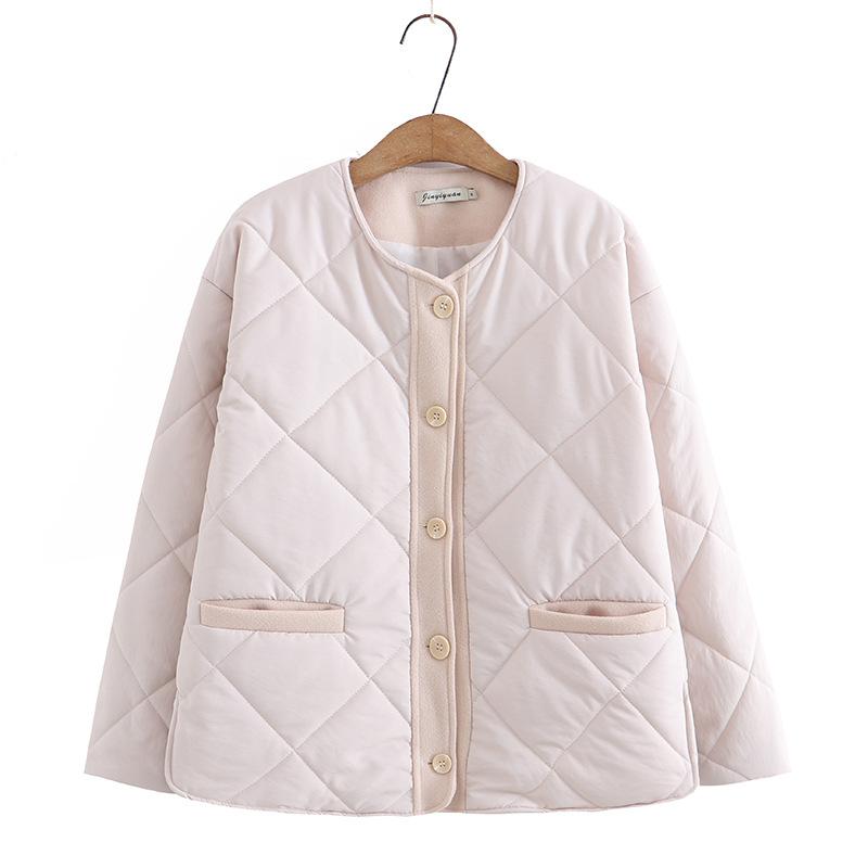 Парки Женская одежда Осеннее стеганое пальто Свободный крой Аргайл Сплайс О-образный вырез Длинный рукав Однобортная теплая куртка