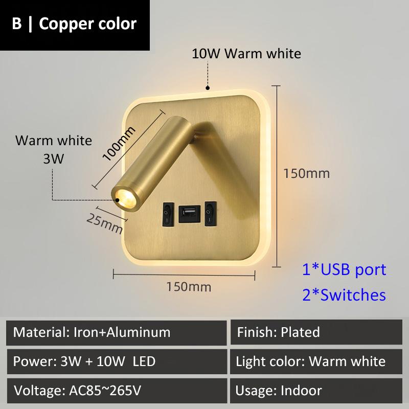 Creative Base Switches Small Wall Lamp With USB Type-C Charging Port Living Room Bedroom Bedside Rotatable Reading Light 10W+3W