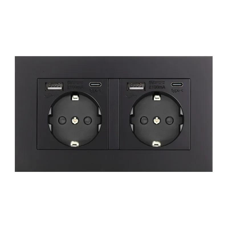 EU Standard USB Socket TypeC Charging Port Outlet,France with Socket with Switch, 16A Double Frame Wall USB Power AC 110-250V