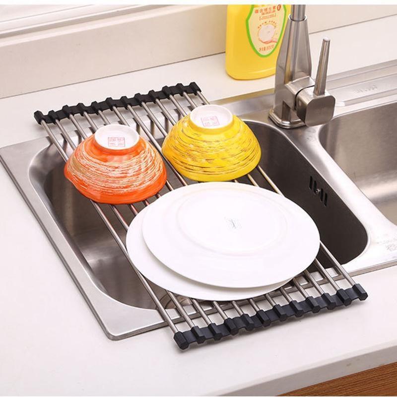 2023 Over The Sink Roll-up Dish Drying Rack Sheet Pan Bottle Food Drainer Mat Strainer Basket Sieve Drainer Cleaning Gadget 37x23cm 37x30cm