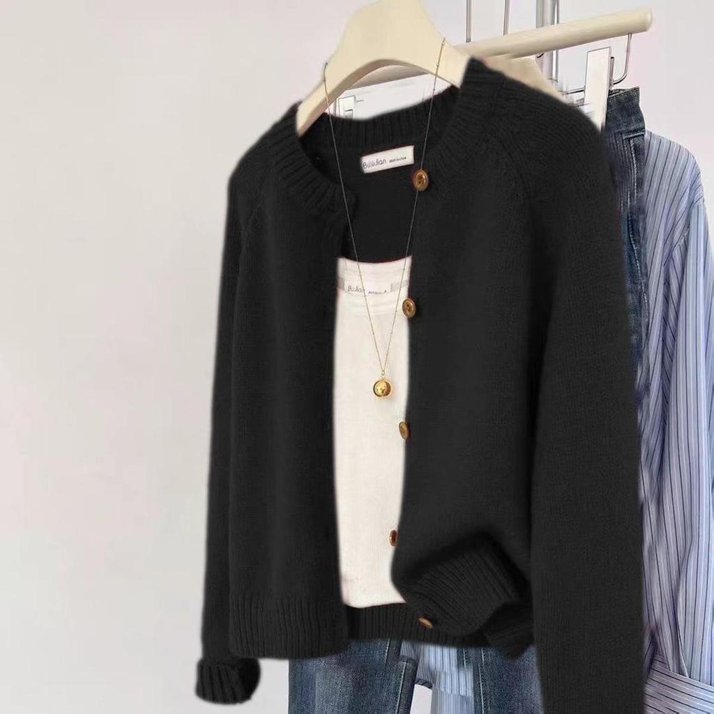 Women's Thickened Pure Wool Knit Cardigan with Round Neck & Raglan Sleeves - Casual, Versatile Autumn/Winter Outerwear
