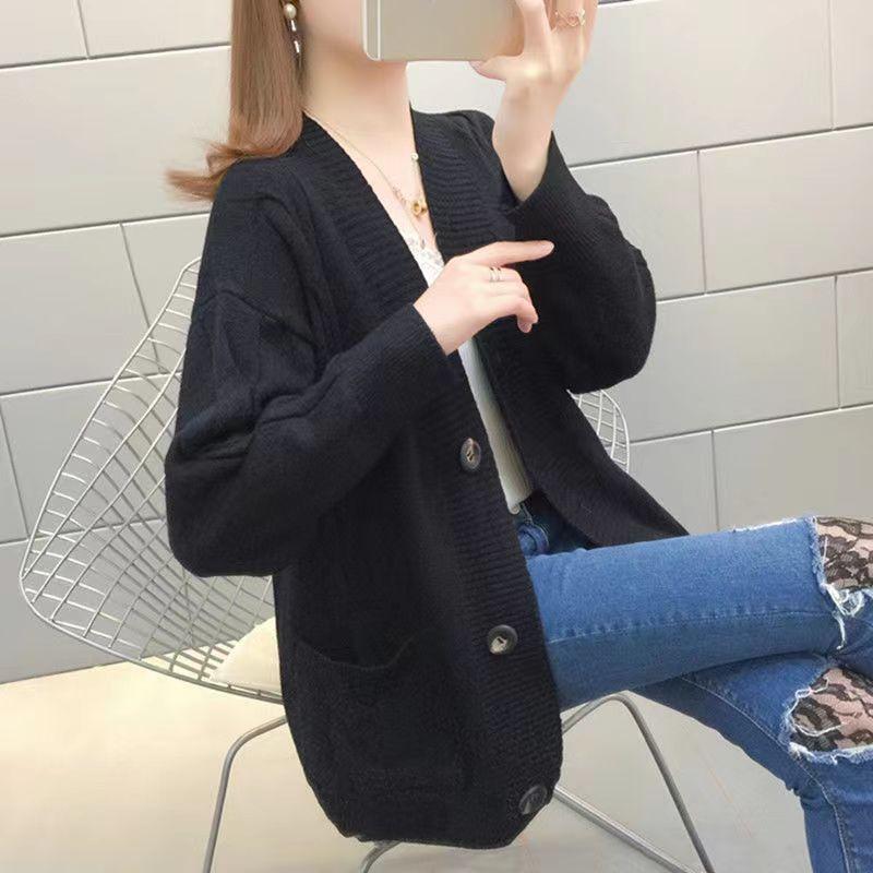 Однотонный простой темперамент универсальный свитер женская куртка осень-зима корейская версия свободный и тонкий толстый вязаный кардиган