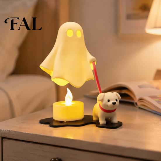 Modern Bedroom Shelf Decor Halloween Ghost Walking Dog Figurine, Cute Spooky Statue with LED Candle Ornament Candle, 3D Printed Tabletop for