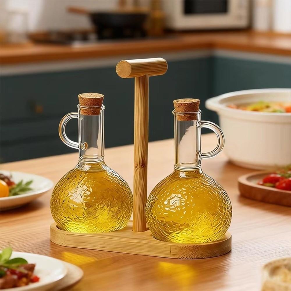 Transparent Bottle Liquid Seasoning Bottle Wooden Stand Sauce Vinegar Cruet Dining Table