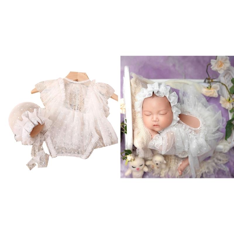 0-1M Платье из кружева, комбинезон, сетчатая шляпка, реквизит для фотосессии новорожденных
