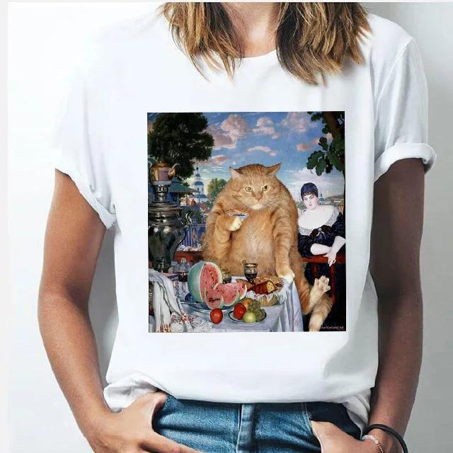 Oil Painting Cat Women's Fashion Personality Spoof Classic Oil Painting T-shirt Women Clothing Tops Harajuku Aesthetic Oversized