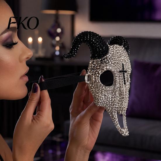 Light Luxury Skull Mask Halloween Rhinestone Full Face Mask, Black White Ram Horn Crystal Studded Masquerade Sparkly Glitter Party for Adults