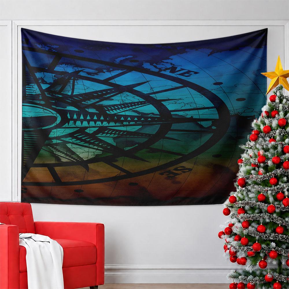 Compass Design on World Map Tapestry Pattern Wall Hanging Tapestry Decorative Tapestry Home Decor for Bedroom and Living Room