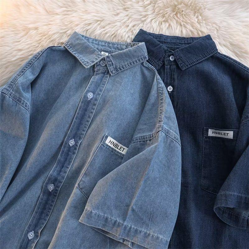 Летняя джинсовая рубашка с коротким рукавом модная однотонная дерзкая стильная гонконгский стиль тонкая японская рубашка повседневная куртка