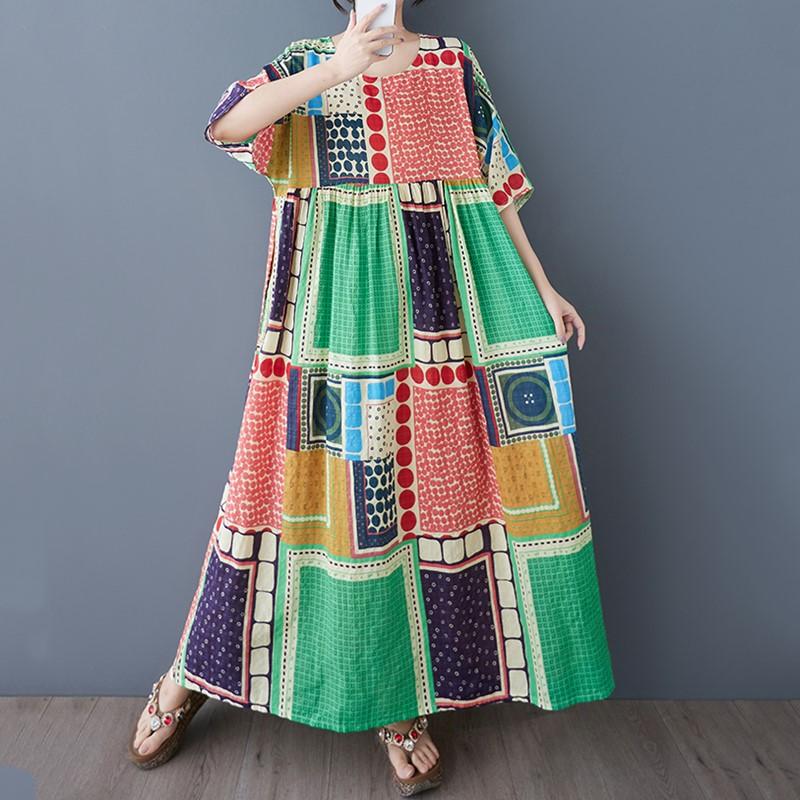 Новое винтажное платье с цветочным принтом больших размеров с коротким рукавом для женщин, повседневное свободное длинное летнее платье