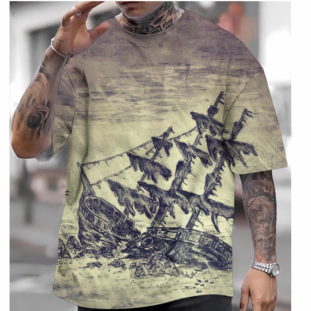 Nautical Print Short Sleeve T-Shirt For Men Retro Men's T-Shirt Summer Casual Oversized Tee Top Loose Quick Dry Sport Shirt 2024