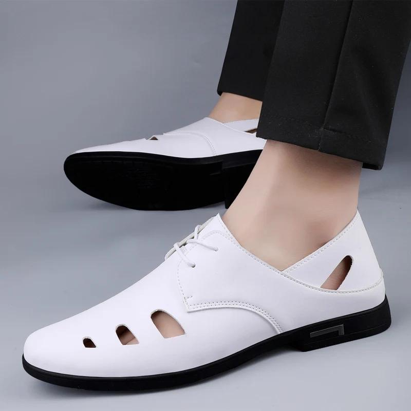 Fashion Summer Breathable Soft Soled Sandals White Hollow Lace Up Oxford Shoes for Men Brand High-quality Pointed Business Leather Shoes