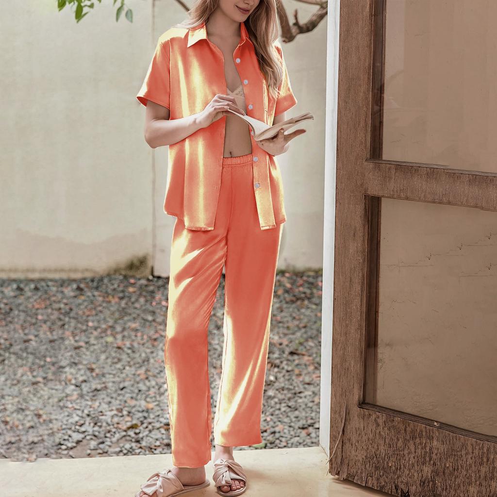Women's Silk Solid Color Pajamas Set, Ladies Short-sleeved And Long Pants Two-piece Pajamas, Button-down Pajamas And Home Clothes