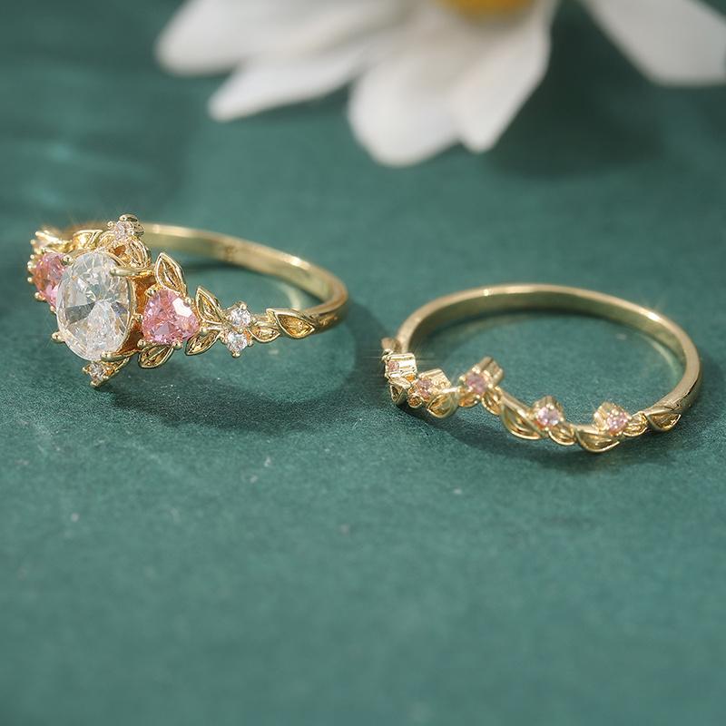 2 Pcs Retro Elegant Pink Zircon Ring Set for Women Engagement Proposal Jewelry