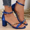 Мода Мода Металлическая Декорация Черные Сандалии Женские 2025 Лето Открытый Носок Ремешок на Щиколотке Вечеринка Синяя Обувь Квадратный Высокий Каблук Шлепанцы