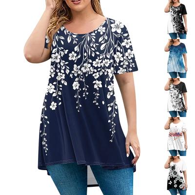 Женская мода большого размера с круглым вырезом и коротким рукавом, повседневный свободный пуловер с принтом
