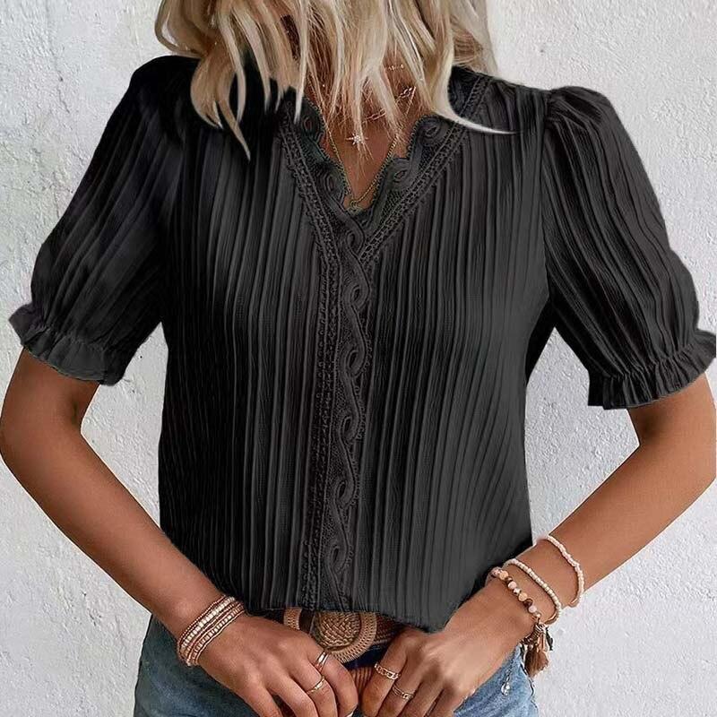 Летняя мода в вертикальную полоску, кружевная рубашка с v-образным вырезом, повседневная пышная блузка с коротким рукавом, женская элегантная верхняя одежда, милые блузки 27878