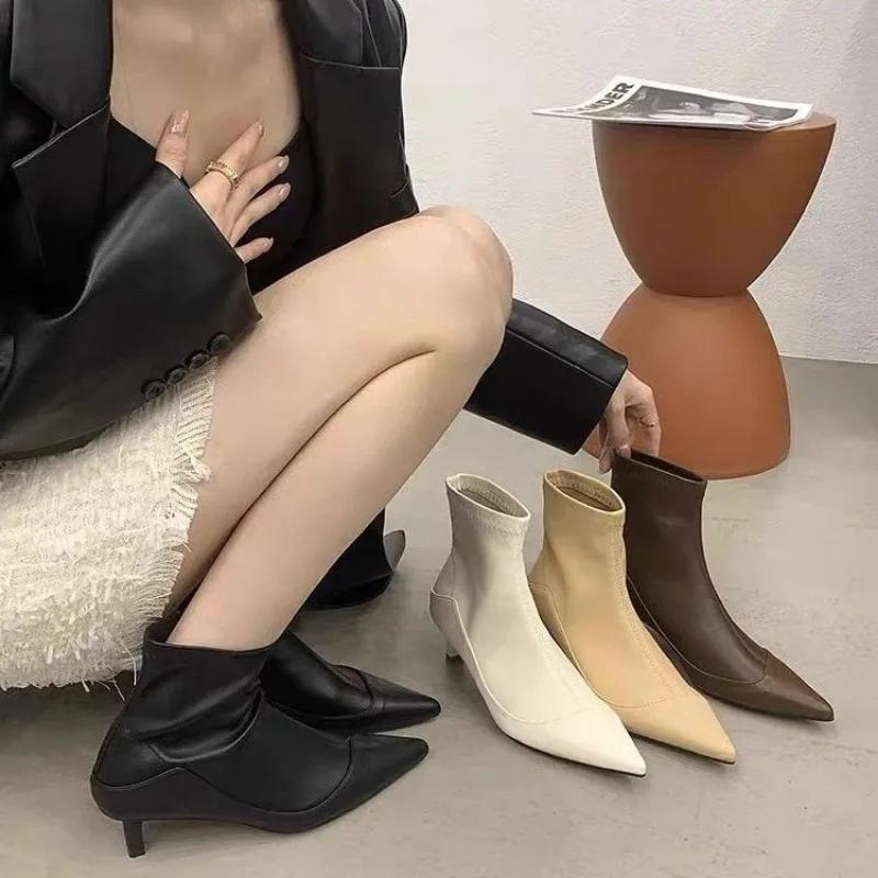 Fashion Pointed Toe Ankle Women Chelsea Boots Sexy Mid Heels Shoes Winter Fashion New Brand 2024 Designer Dress Walking Mujer Zapatos