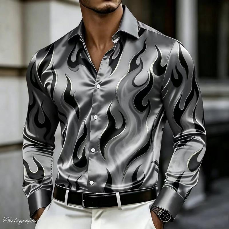 Мужская атласная шелковая рубашка роскошный принт пламя с длинным рукавом приталенная удобная на пуговицах повседневная деловая праздничная рубашка