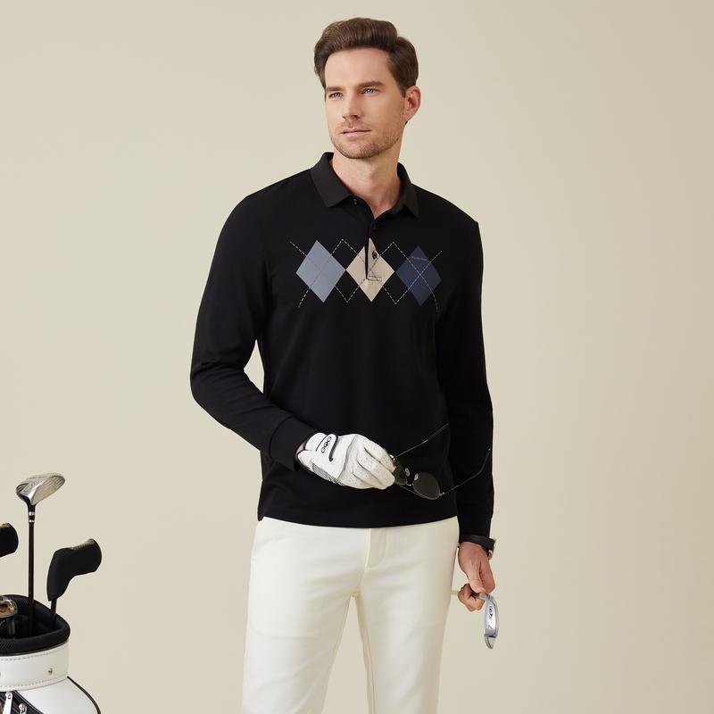 Elastic Cotton Men's Diamond Grid Long-Sleeved T-Shirt Polo Shirt