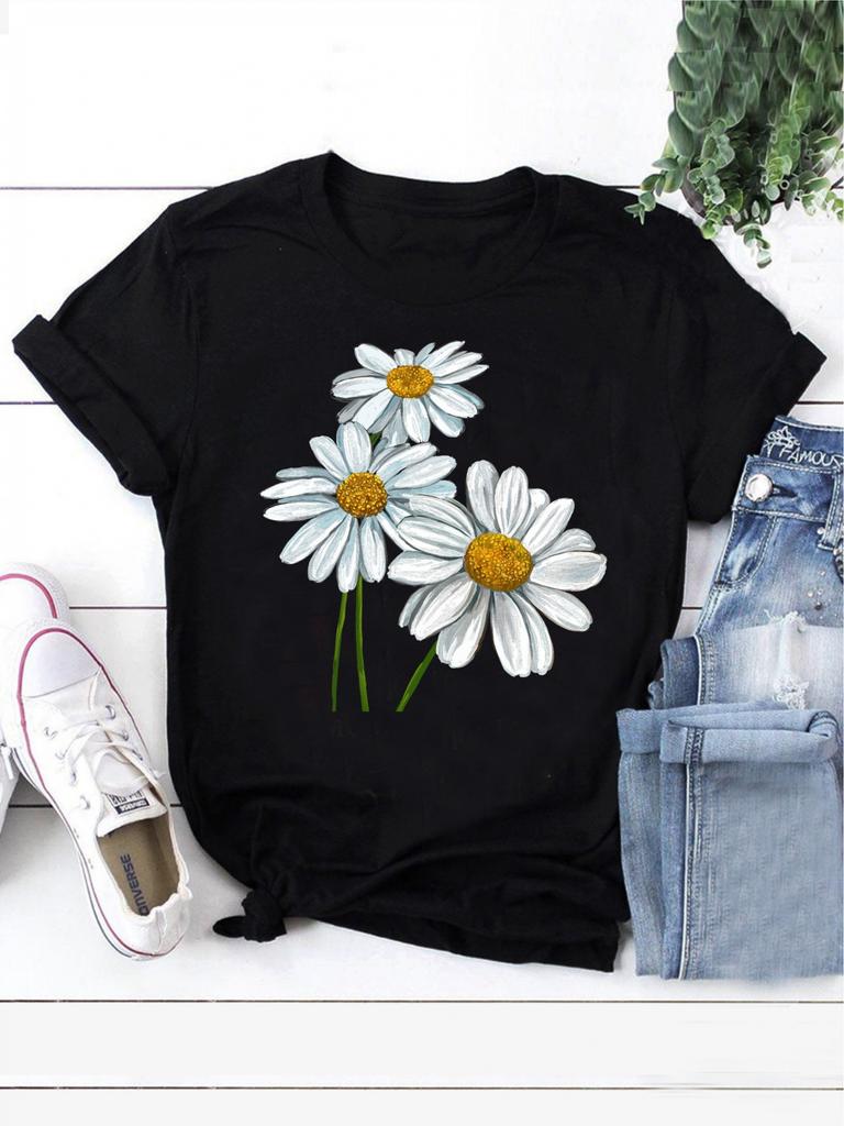 Женская футболка с принтом ромашек, модная футболка с иллюстрацией, простой дизайн, демонстрирующий естественный и элегантный стиль, подходит для повседневного досуга