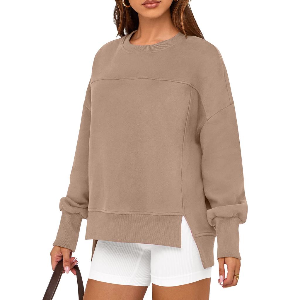Ladies' Casual And Fashionable Solid Color Round Neck Long Sleeved Slit Loose And Comfortable Sweatshirt