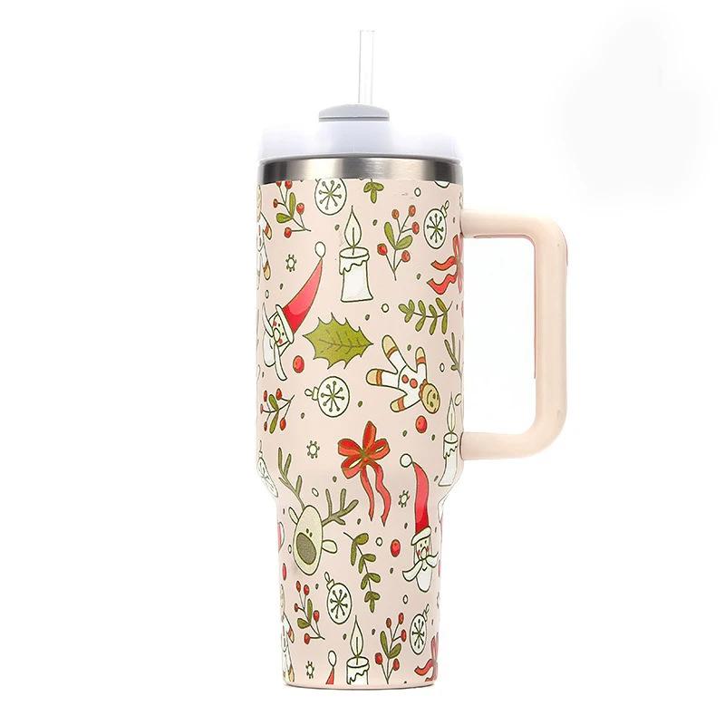 40oz Stainless Steel Thermos Bottles with Straw Christmas Series Insulated Water Bottle Keep Heat Cold Drink Mugs Cup Xmas Gift