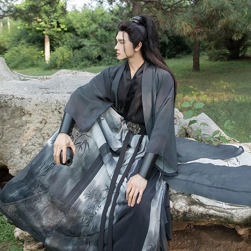 Мужской черный костюм Hanfu с принтом бамбука Song Bei Zi для боевых искусств с перекрестным воротником