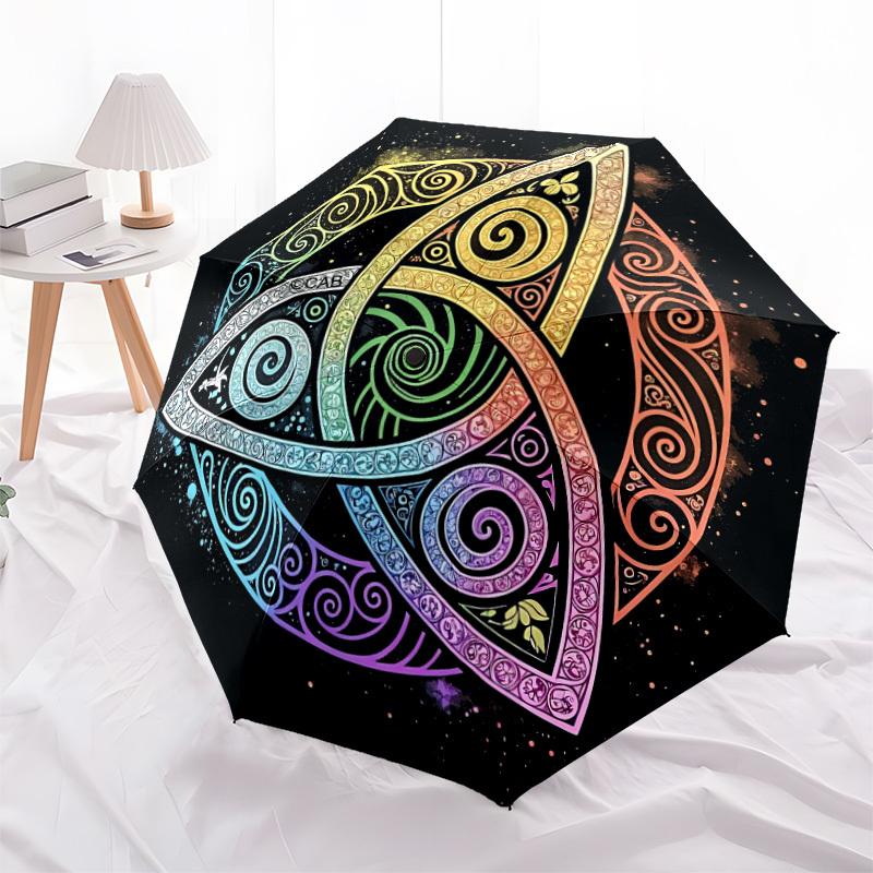 1pc Triquetra Cosmic Automatic Open/Close Folding Umbrella - 8-Rib Sturdy Compact Travel Umbrella with Vibrant Swirl Design, L