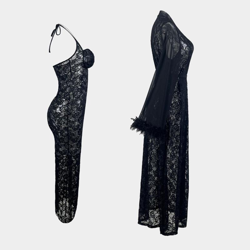 Женское кружевное прозрачное белье с длинными рукавами и платьем с бретелькой на шее, комплект халата