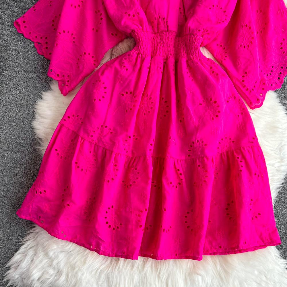 Винтажное полое платье с вышивкой и высокой талией, сказочное платье трапециевидной формы с короткими рукавами, шикарное летнее пляжное платье, женский сарафан для отпуска