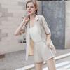 Women 3 Piece Blazer Outfit Short Sleeve Open Front Blazer Sleeveless Tank Top Shorts Set One Button Suit Jacket Business Set
