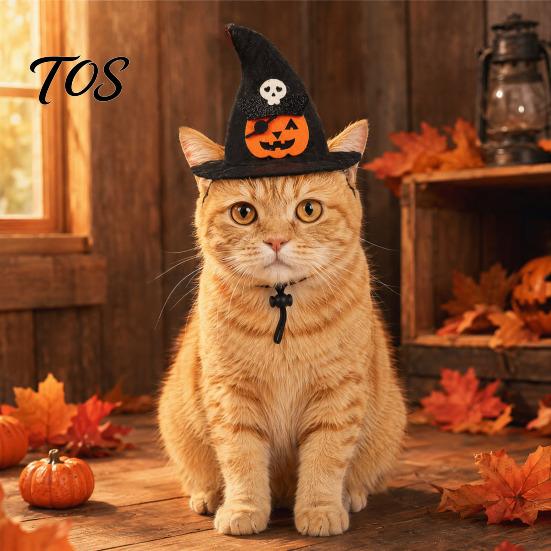 Cat Halloween Costume Accessory Witch Hat, Fun Pet Hat with Adjustable Elastic Strap, Cartoon Bat Themed Ghost Pumpkin Skull for Cats Small