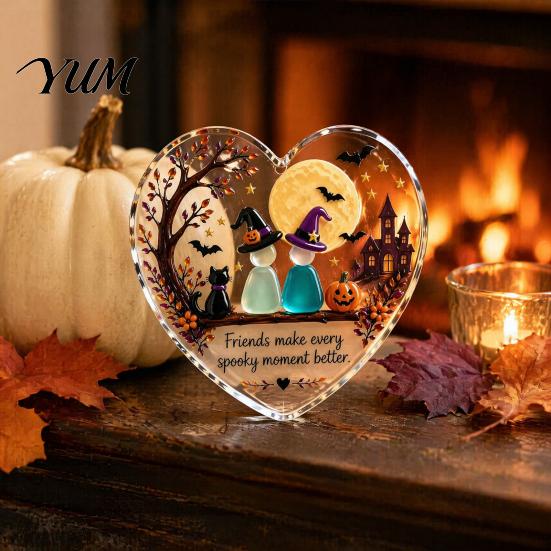 Heart Shaped Acrylic Hanging Ornaments Friendship Halloween Glass Ornament, Decor with Witch Tree Decorations for Home Cat Pumpkin, Colorful