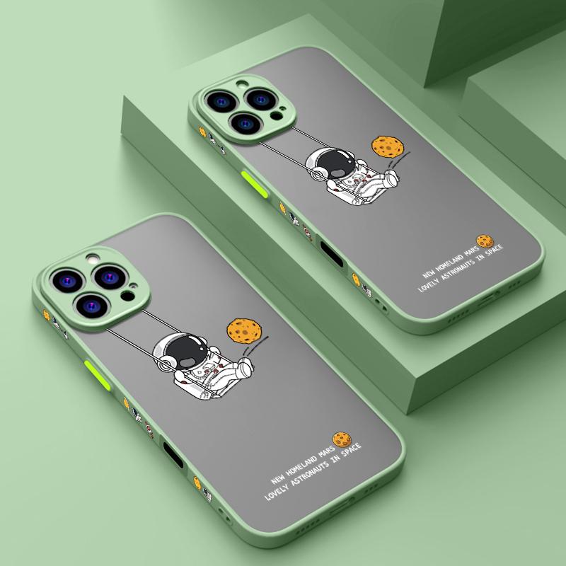 Матовый прозрачный чехол с рисунком лунного астронавта для iPhone 16 Pro Max 15 Plus 14 13 Pro 12 11 XR, защитный ремешок для объектива, противоударный, мягкий, тонкий чехол для телефона