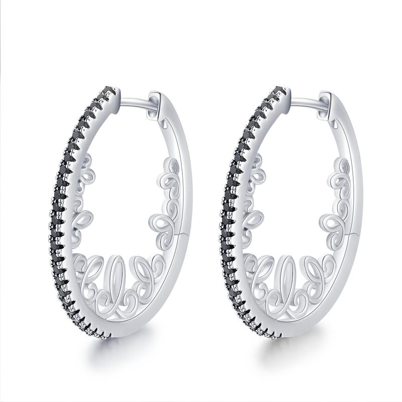 Большие овальные серьги-кольца черного и серебристого цвета со сверкающими акцентами