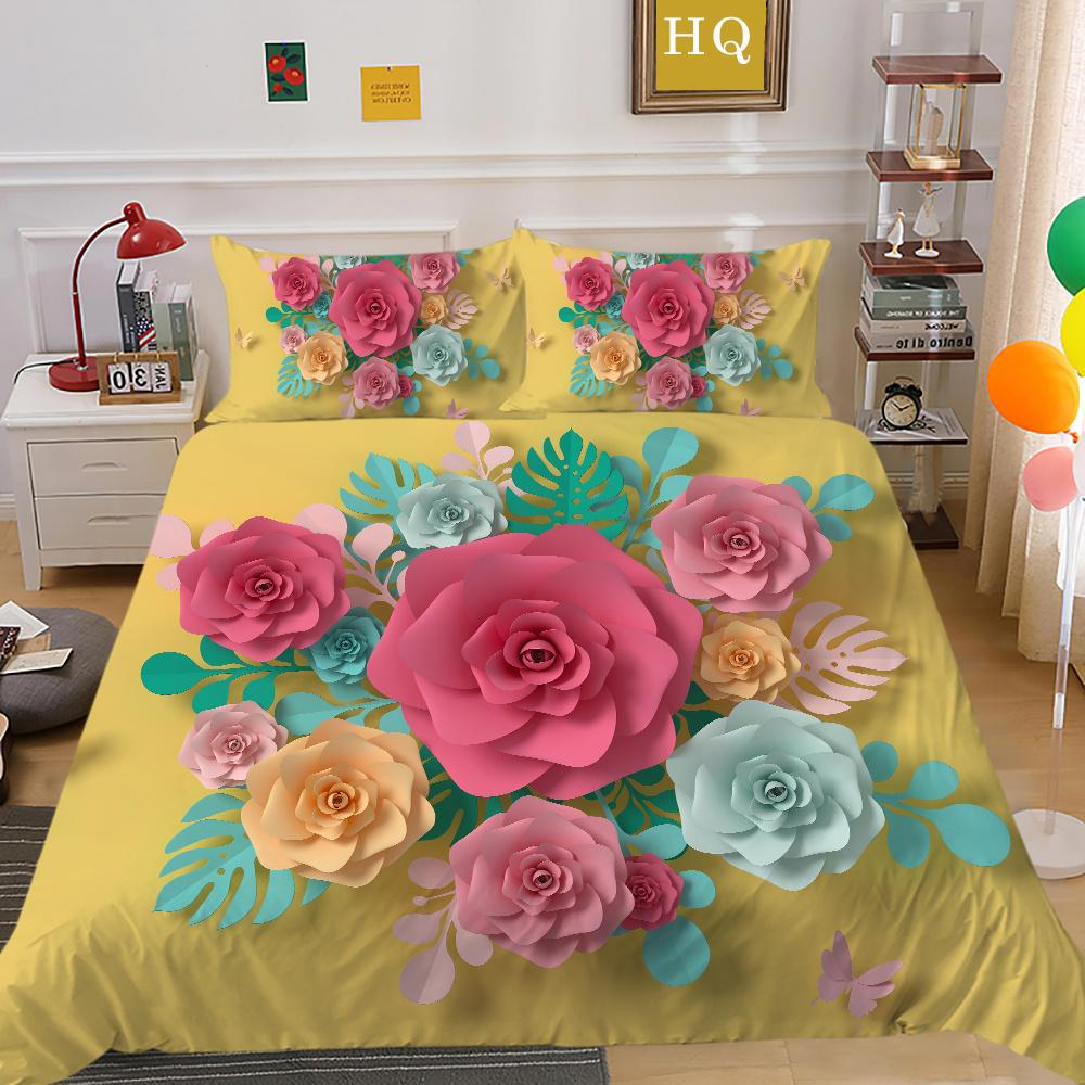 Комплект постельного белья из микрофибры с 3D принтом цветов, пододеяльник королевского размера, комплект постельного белья высокого качества для девочек, декор для спальни