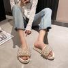 Fashion Elegant Pearl Slippers Woman Beaded Shoes Summer Thicken Soled Sandals Flats Heels Slides Ladies Home Flipper Slip On Flip Flops