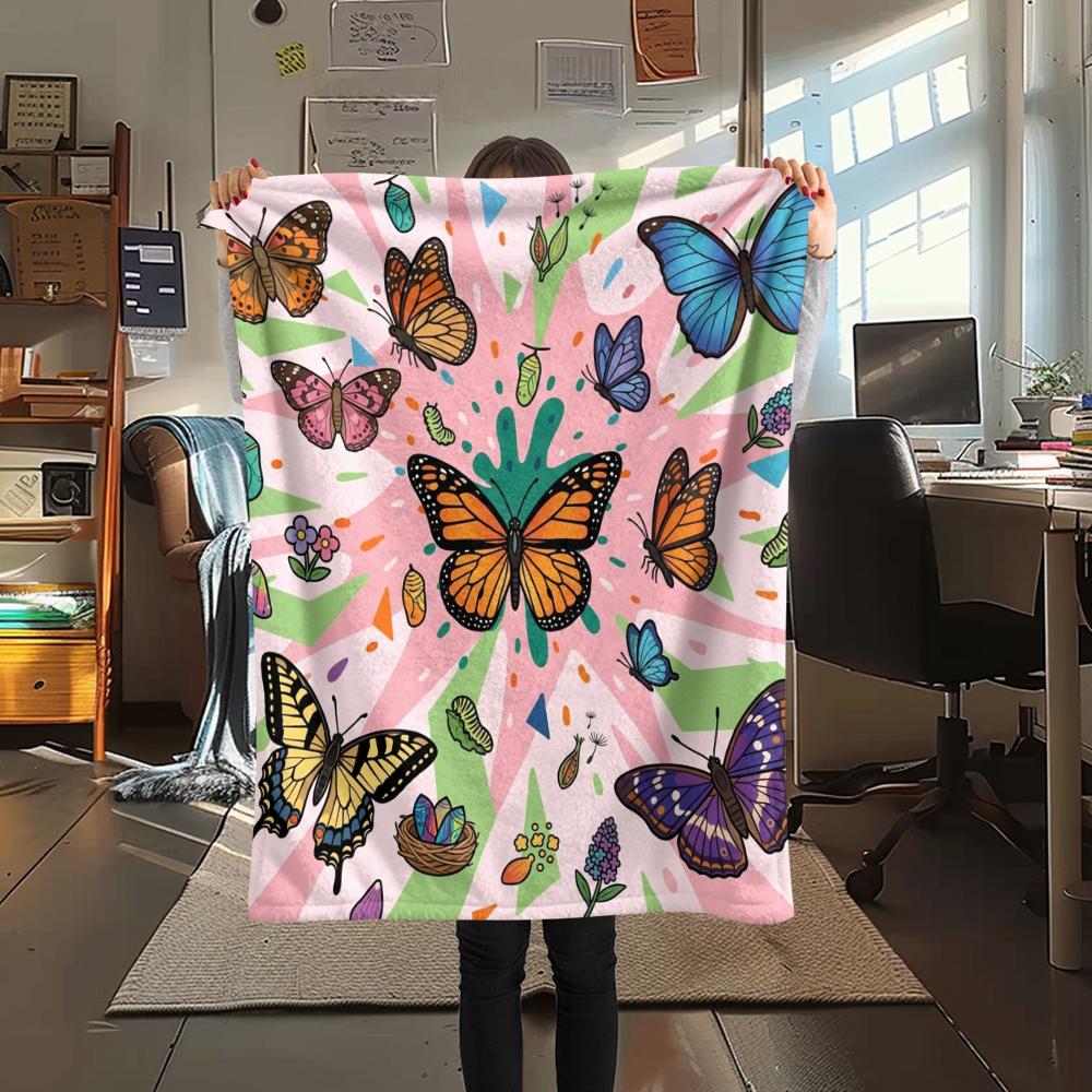 1Pc Butterfly Print Flannel Blanket, High quality Comfortable for All Seasons, Home Decor, Warmth and Comfort, Perfect for Christmas Gifts W35