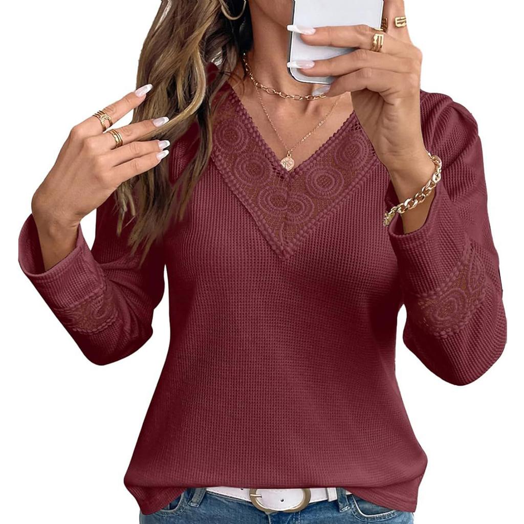 Women's Casual V-Neck Hollow Solid Color Long Sleeve Top