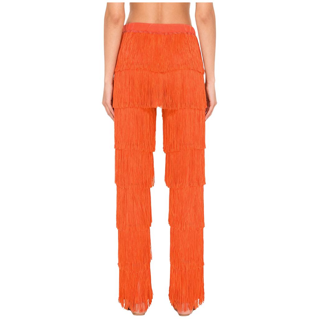 Womens Latin Dance Fringe Pants Elastic Waistband Contrast Color Tassel Trousers Cha Cha Tango Rumba