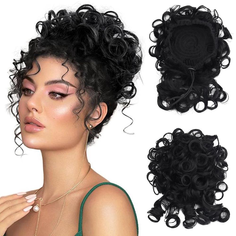 XINRAN Synthetic Messy Bun Short Curly Ponytail Extension Elastic Drawstring Loose Big Curly Clip In Hair Pieces For Women Daily Wear