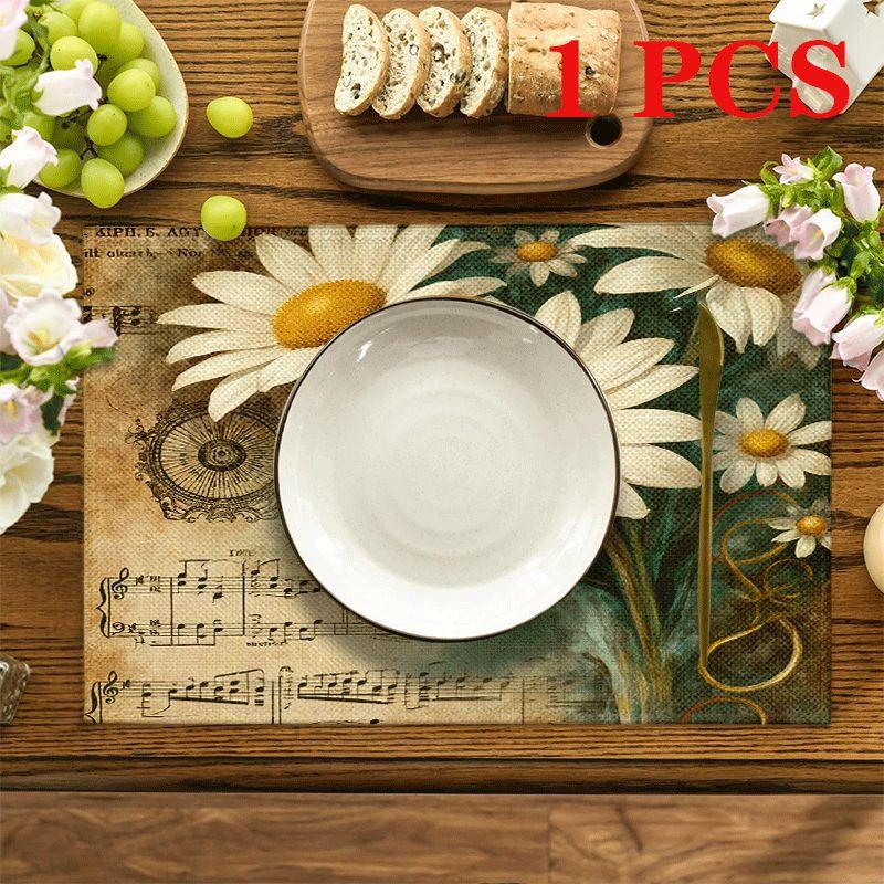 4/6pcs Vintage Daisy & Music Sheet Placemats Suitable for Dining Table Decor, 12x18 Inch Washable Polyester Table with Retro and Sheet Music Design