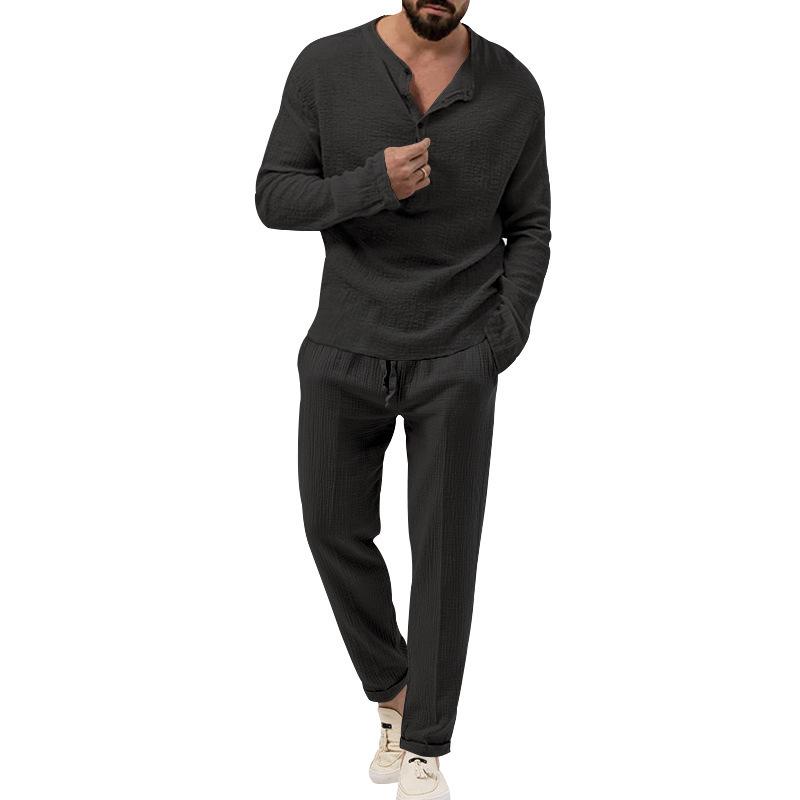 Men's Spring and Autumn 2 Piece Long Sleeve Shirt and Long Pants Set Casual Solid Stand Collar Drawstring Tracksuit
