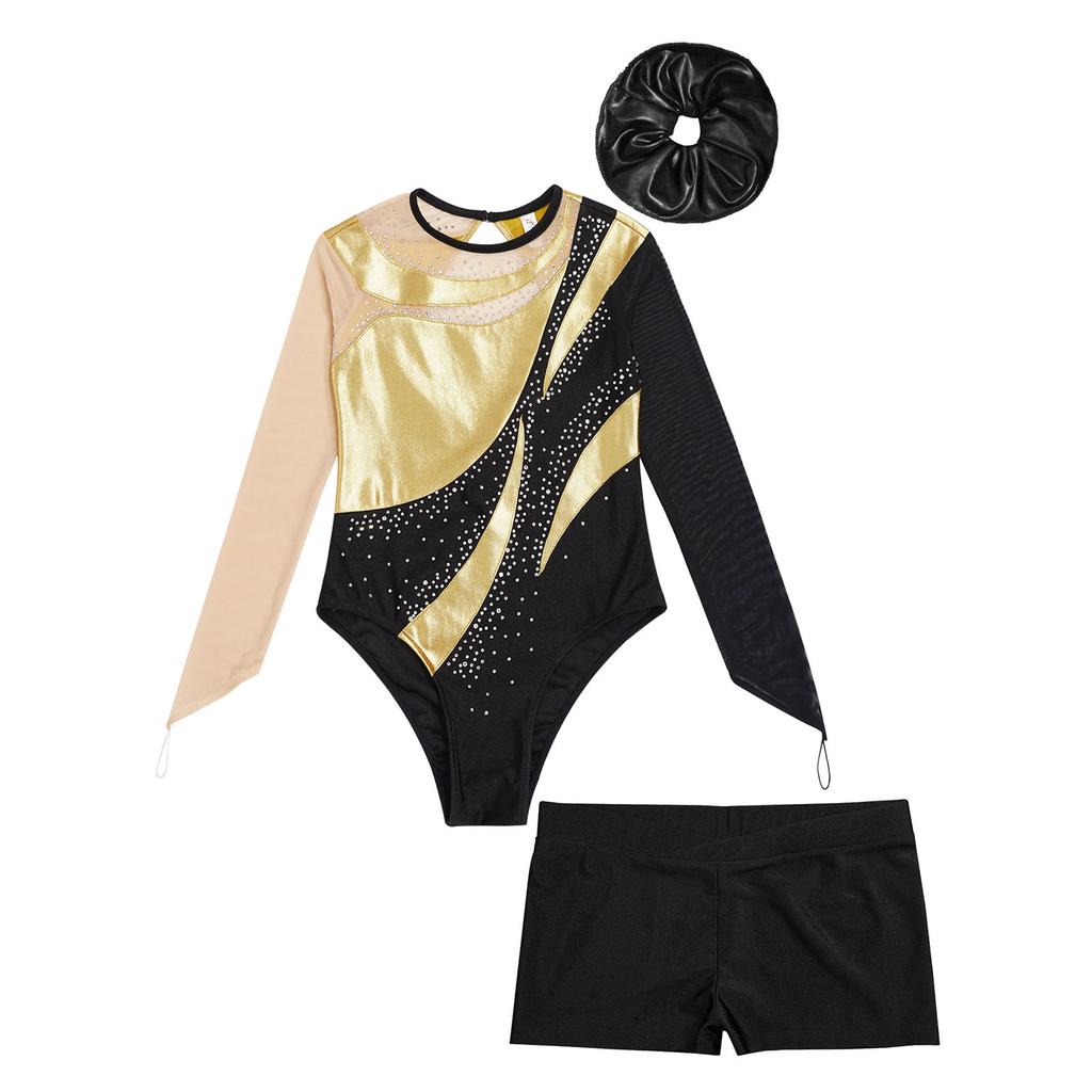 Kids Girls Gymnastic Leotard Long Sleeve Mesh Keyhole Back Design with V-Front Shorts Set