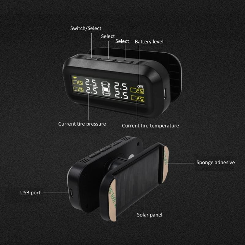 Беспроводная система контроля давления в шинах (TPMS) для транспортных средств малого размера с 4 колесами, Включает 4 датчика, Питание от USB и солнечной энергии