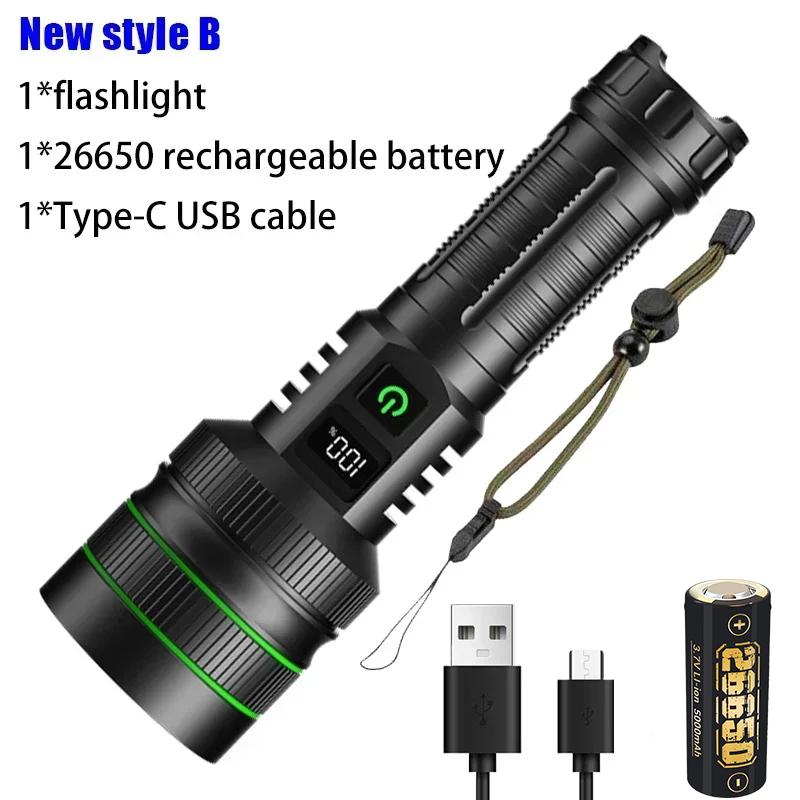 50W Christmas Lighting Powerful Flashlight Rechargeable LED Torch Use 26650 Emergency Supply for Outdoor Camping Night Fishing