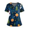 Women's Christmas Print V-Neck Double Pocket Short Sleeves Hem Slit Uniform And Caregiver Top