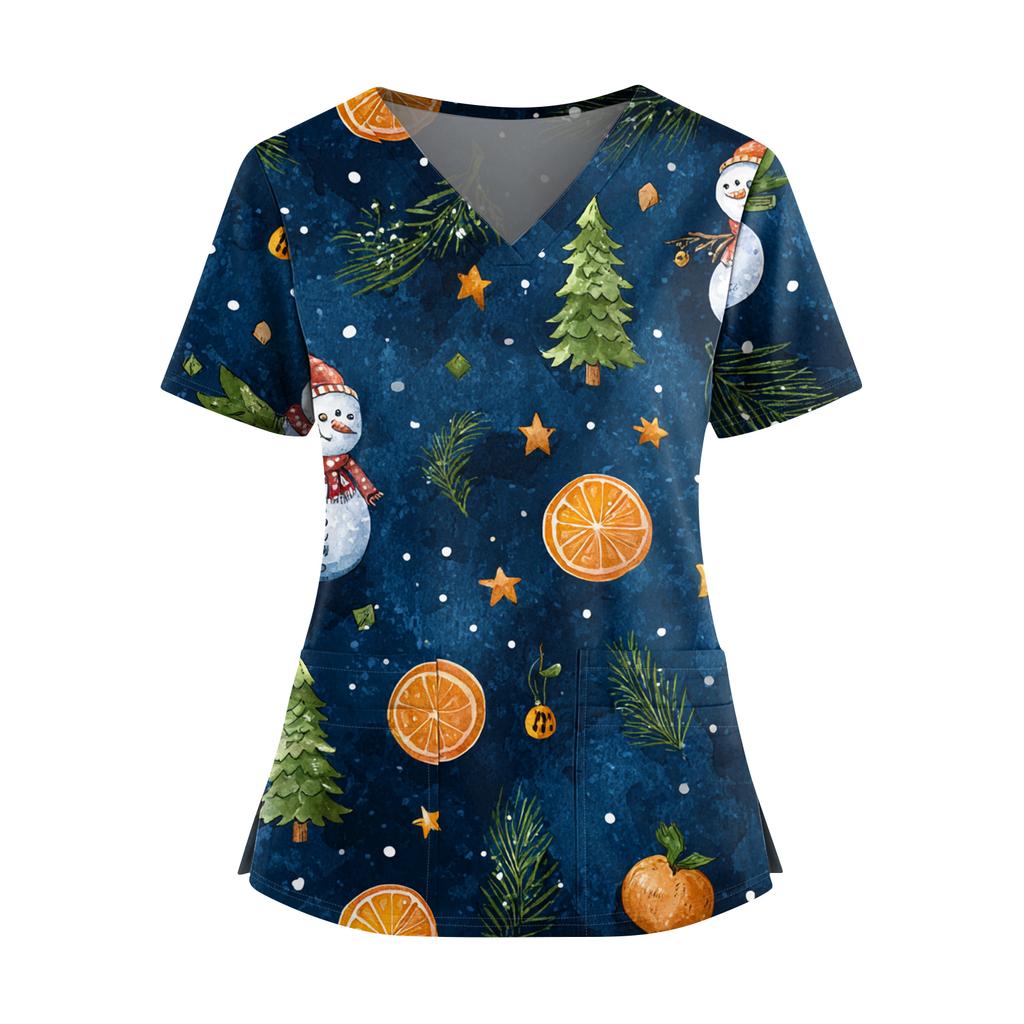 Women's Christmas Print V-Neck Double Pocket Short Sleeves Hem Slit Uniform And Caregiver Top
