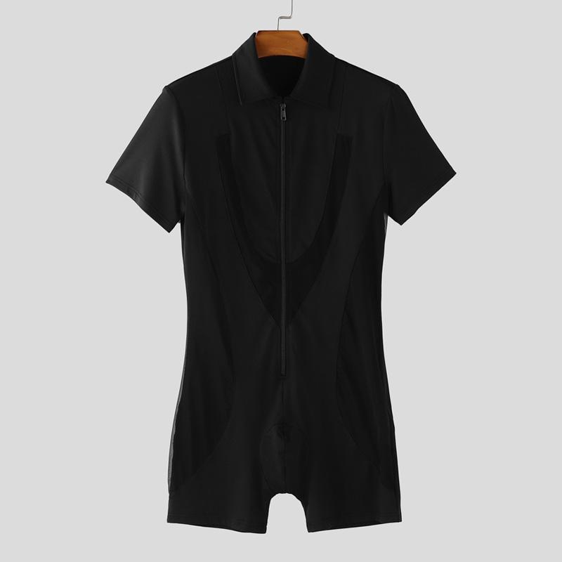 INCERUN Men Short Sleeve Mesh Sheer Patchwork Fitted Jumpsuits Romper Bodysuits Pajamas